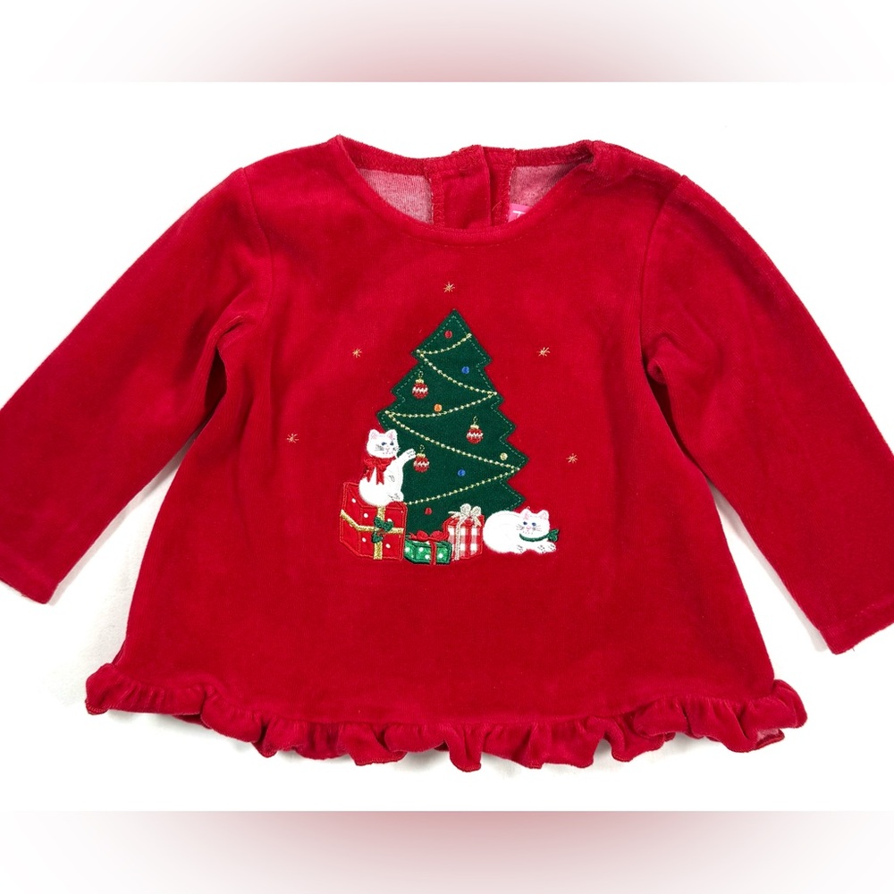VINTAGE GOODLAD Baby Girl Christmas Velour Embroidered Top 12 M Cats Cottagecore